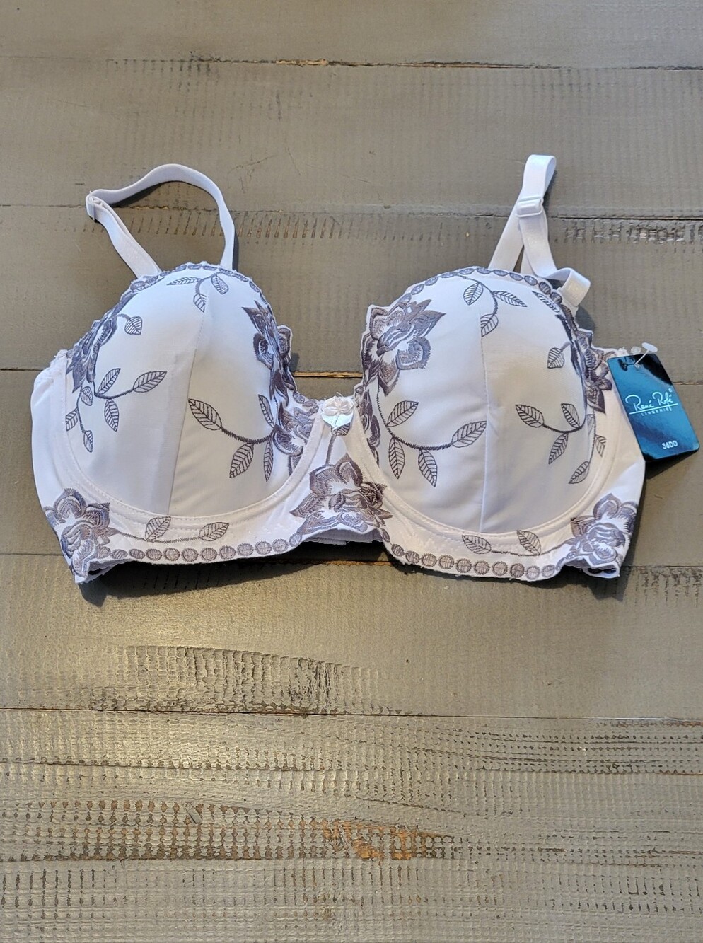 Rene Rofe White Bra with Gray Floral Embroidery